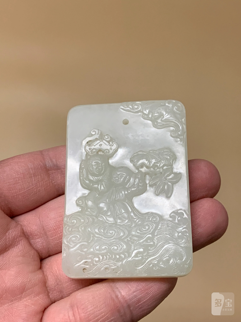 清 白玉太平同庆如意双童子纹牌 - 图2